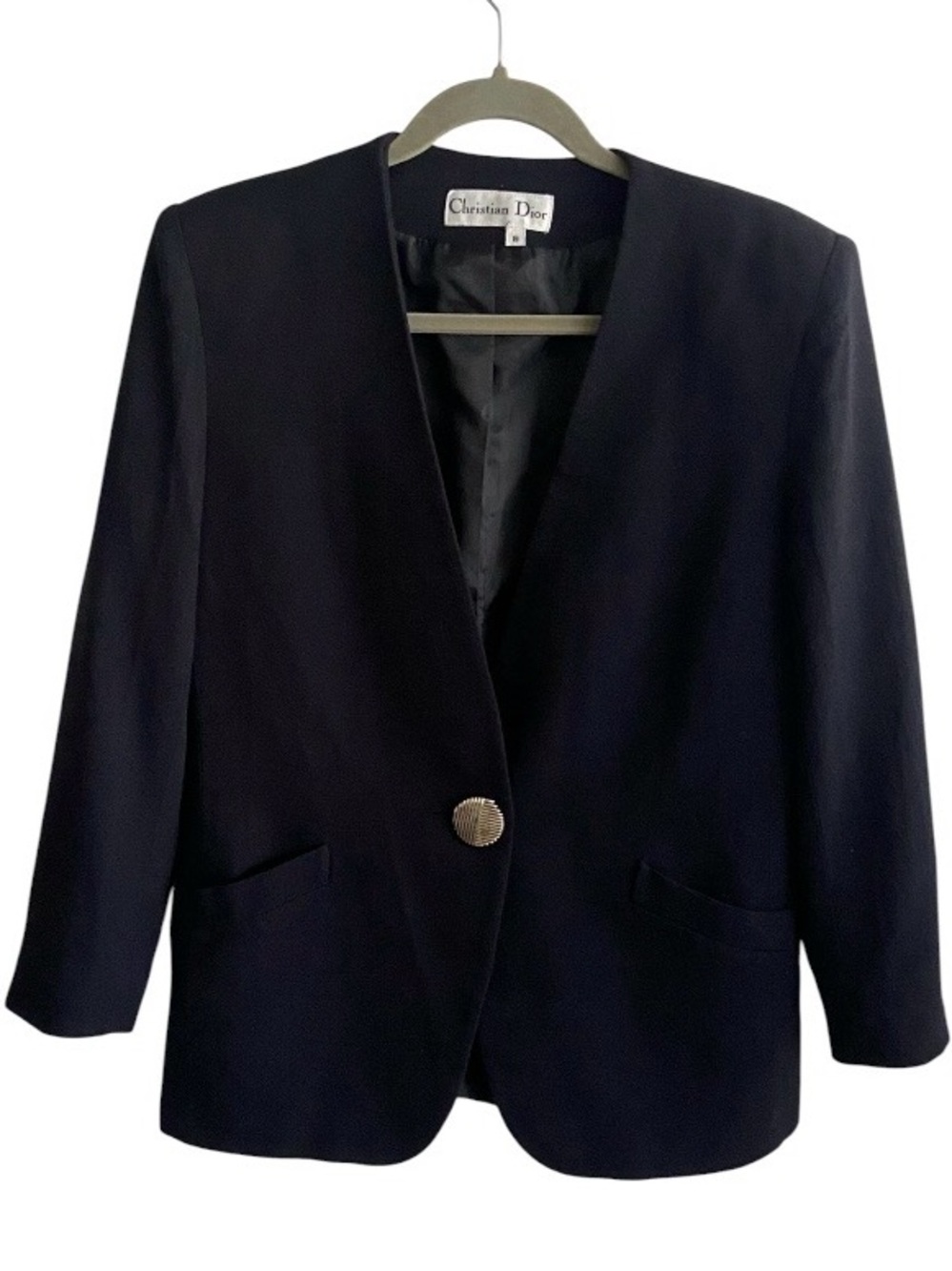 Dior Wool Navy Single-Button V-Neck Blazer with Gold Button